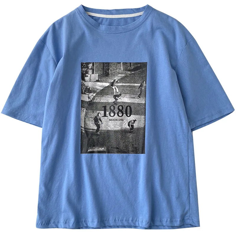 

Kimutomo Fashion Chic Print T-shirt 2021 Summer New Women's Korean Retro Loose O-neck Short Sleeve Top Streetwear Casual