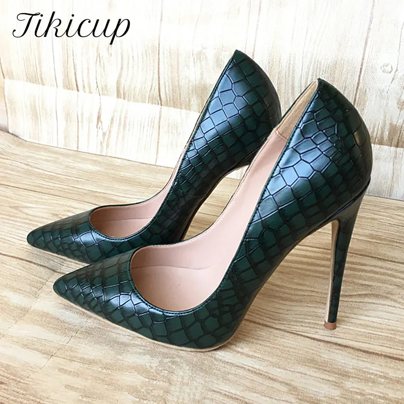 

Tikicup Dark Green Croc-Effect Embossed Pattern Women Pointed Toe High Heels Designer Sexy Stilettos Pumps Ladies Party Shoes