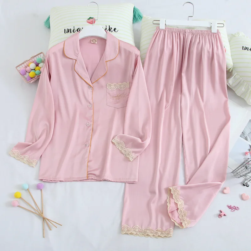 Spring Autumn New Women's Pajamas Sets Long Sleeve Trousers Suit Korean Sweet Nightwear Home Wear Female Sleepwear Sleep Tops