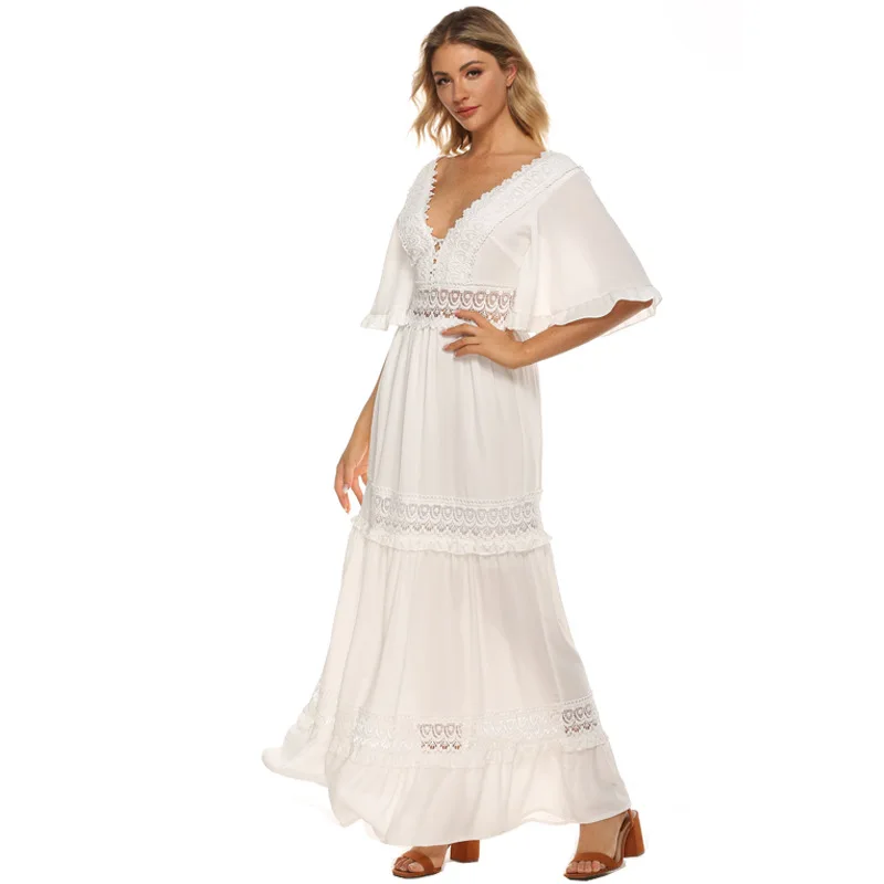 

2021 Summer New V-neck Dress Lace Chiffon Patchwork Long Dress Vacation Style