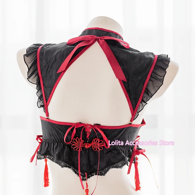 

Vintage Cheongsam Maid Lingerie set Classical Chinese Style Sexy Cosplay lolita Lace Embroidery Tassels Pendant Underwear Set
