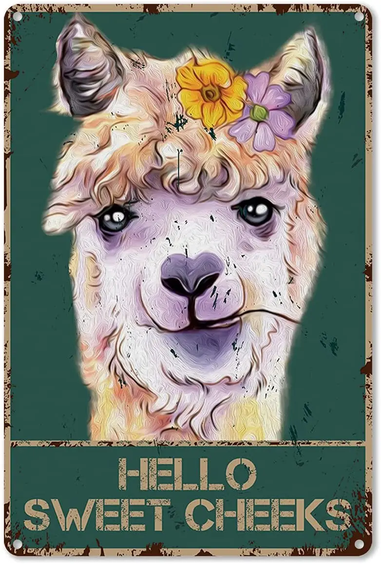 

Funny Bathroom Quote Metal Tin Sign Wall Decor - Vintage Hello Sweet Cheeks Alpaca with Flowers Tin Sign for Toilet Bathroom
