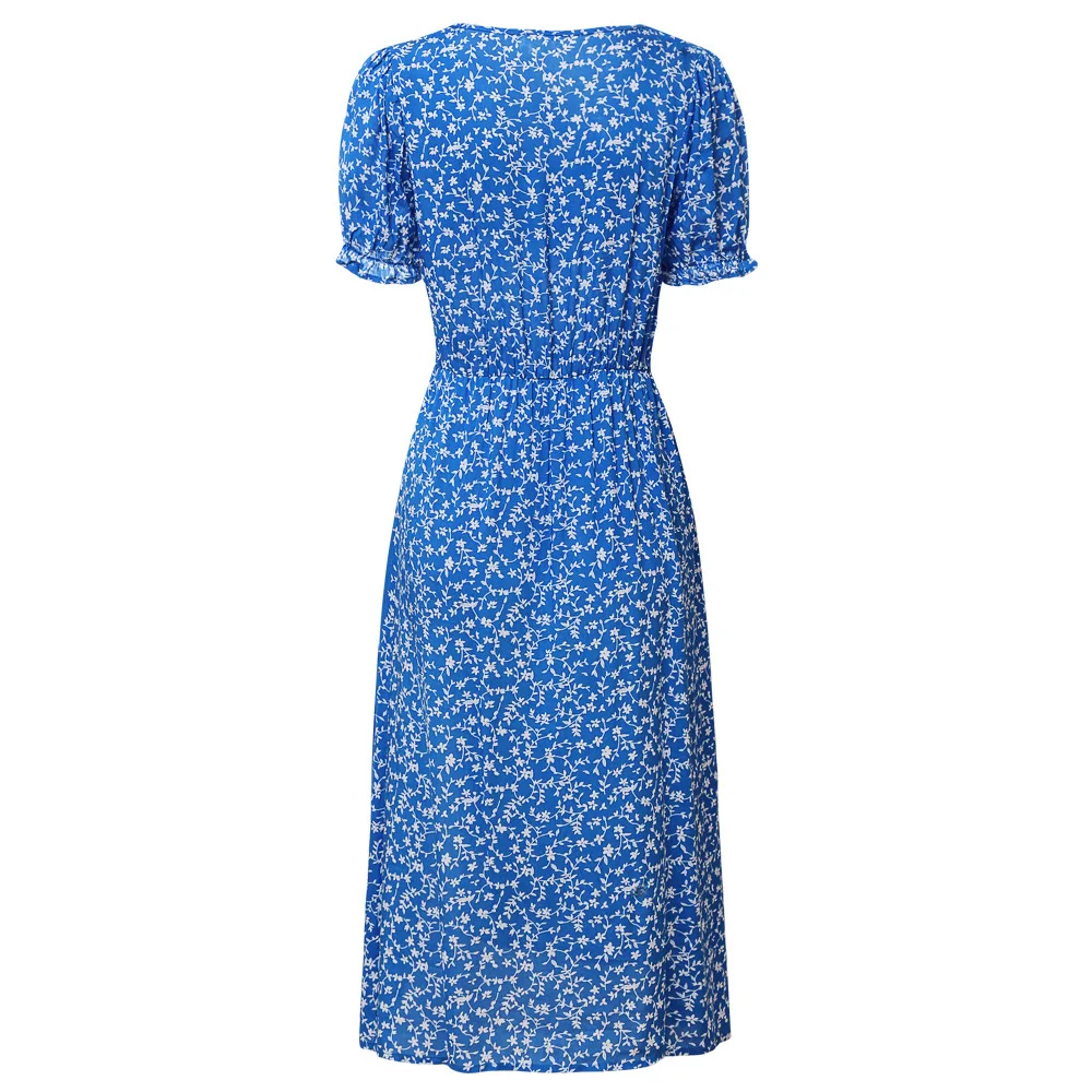

Romance Retro Dresses Women Casual Floral Print Square Collar Dresses Ruffles Puff Sleeve Midi Dresses