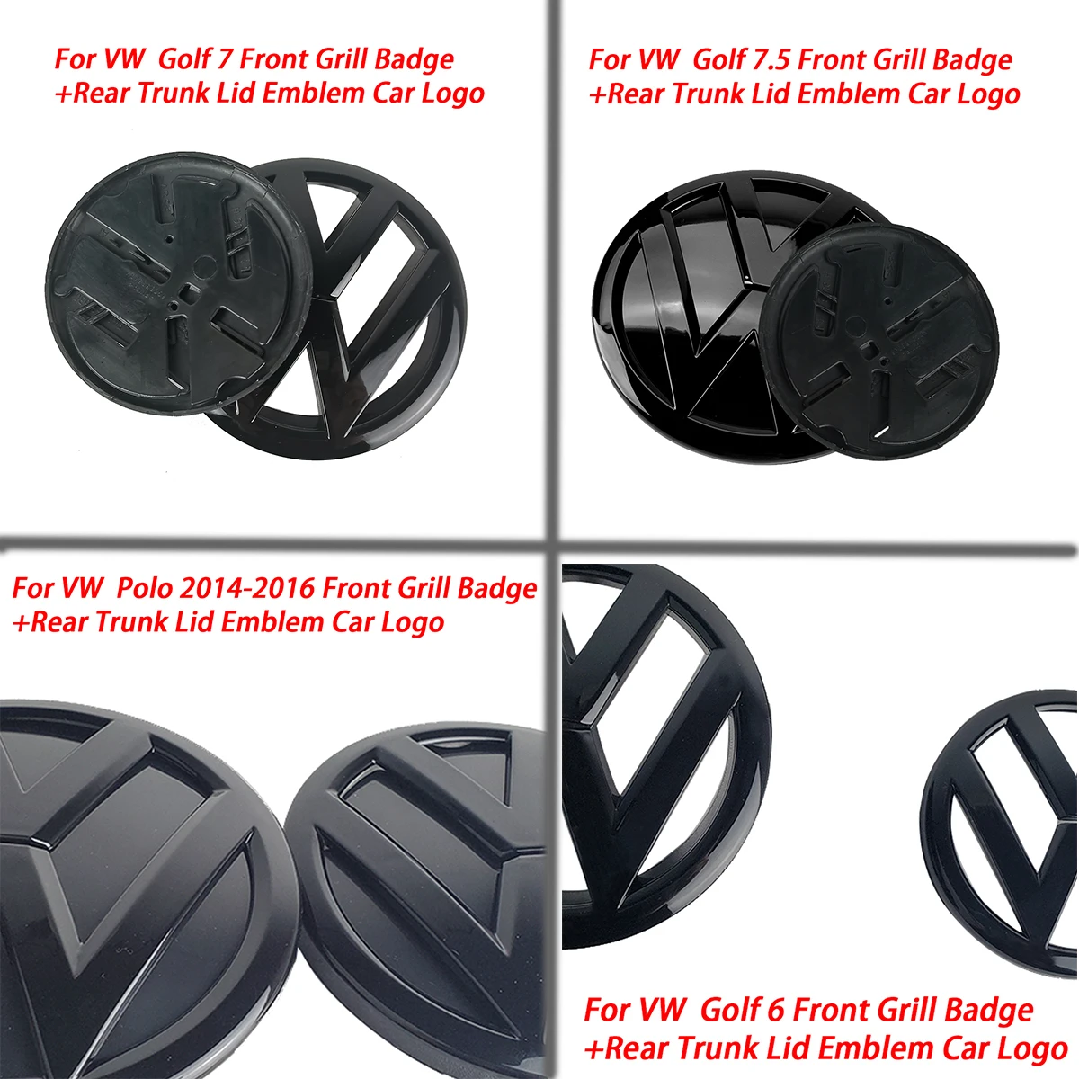 

For VW Volkswagen Golf MK6 MK7 MK7.5 Polo 14-16Gloss Black 135mm Front Grill Badge + 110mm Rear Trunk Lid Emblem Car Logo Fit