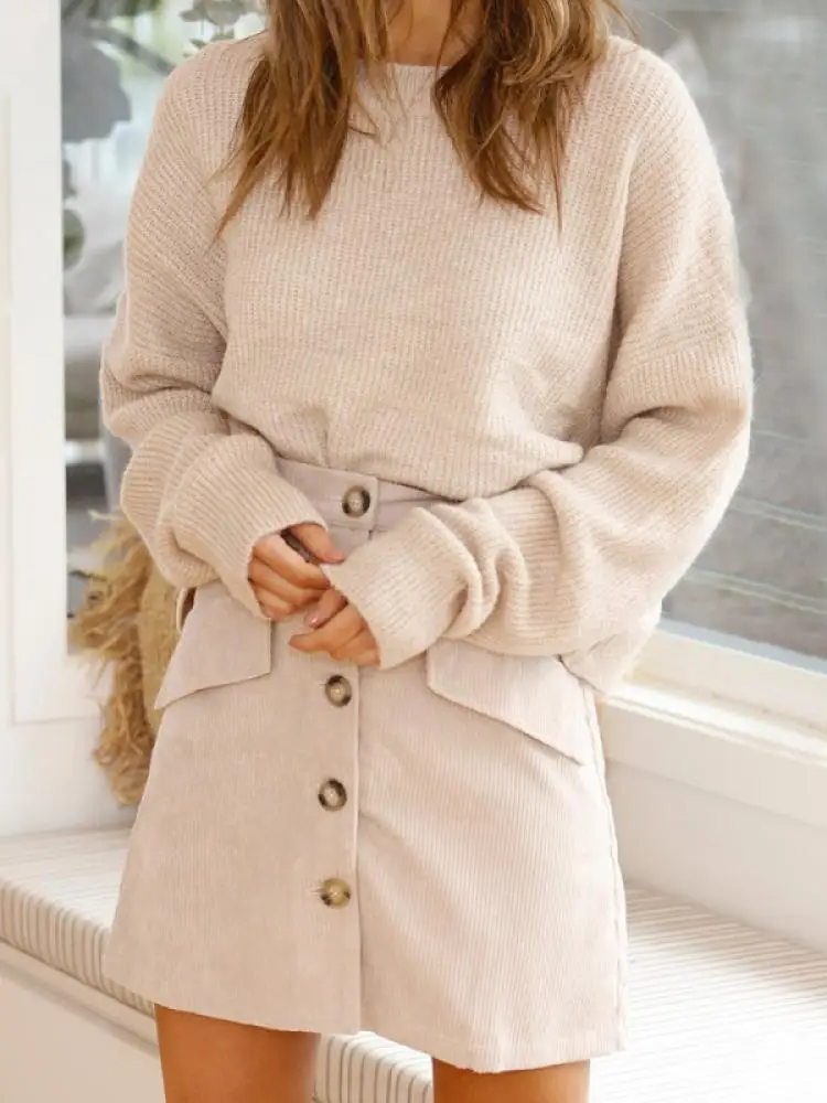

2021 Autumn And Winter New Ladies Fashion All-Match Single-Breasted Button Slim A-Line Skirt Corduroy Skirt