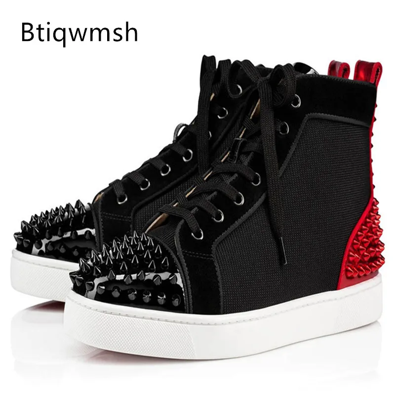 

Black Studded Shoes Men Round Toe Rivet Lace Up High Top Flat Shoes For Man Fashion Loafer Shoes