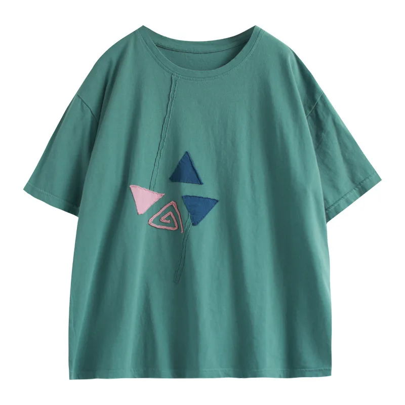 

Women Summer Fashion Japan Style Vintage Round Neck Short Sleeve Applique Basic Design T-shirts Office Lady Casual Loose Top Tee