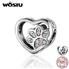 WOSTU Роскошные сердце лапа собаки, бисер из стерлингового серебра 925 пробы, розовый эмалевый Шарм, подходит к оригинальному браслету, подвеска из серебра 925 пробы, украшения CQC1191