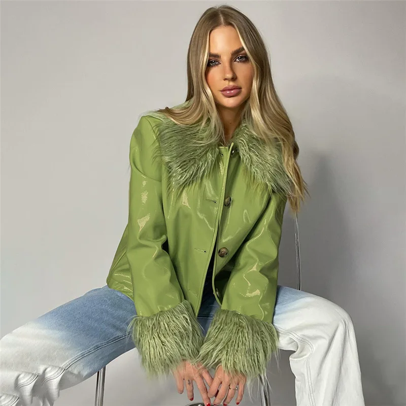 2021 Winter Fur Collar Leather PU Jacket For Women Fashion Long-sleeved Single-breasted Slim Warm Coats High Streetwear Outwear