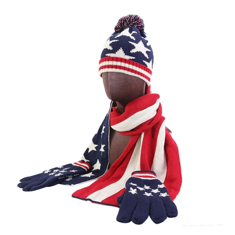 

Women Men Winter 3 Pieces Beanie Hat Long Scarf Gloves Set UK British USA American Flag Stripes Printed Pompom Skull Cap