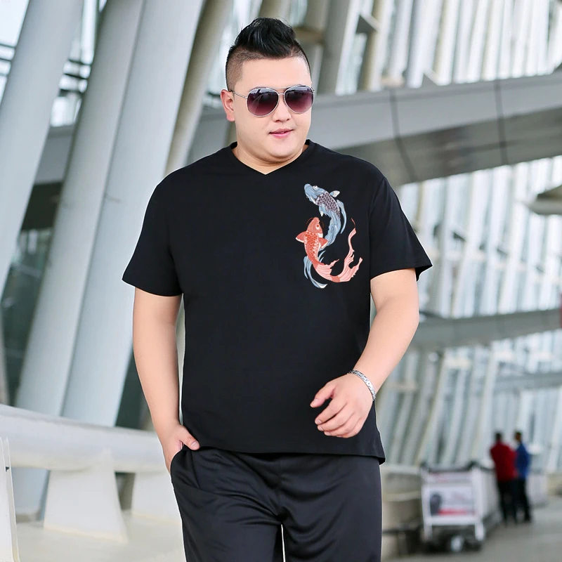 Мужская футболка большого размера с v-образным вырезом и рисунком рыбы летняя
