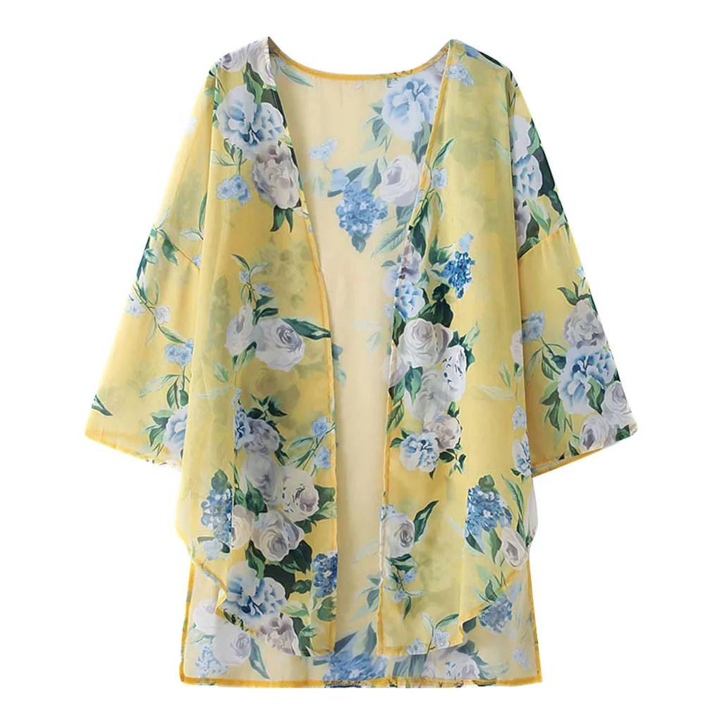 Летнее женское шифоновое пляжное кимоно с цветочным принтом кардиган блузка