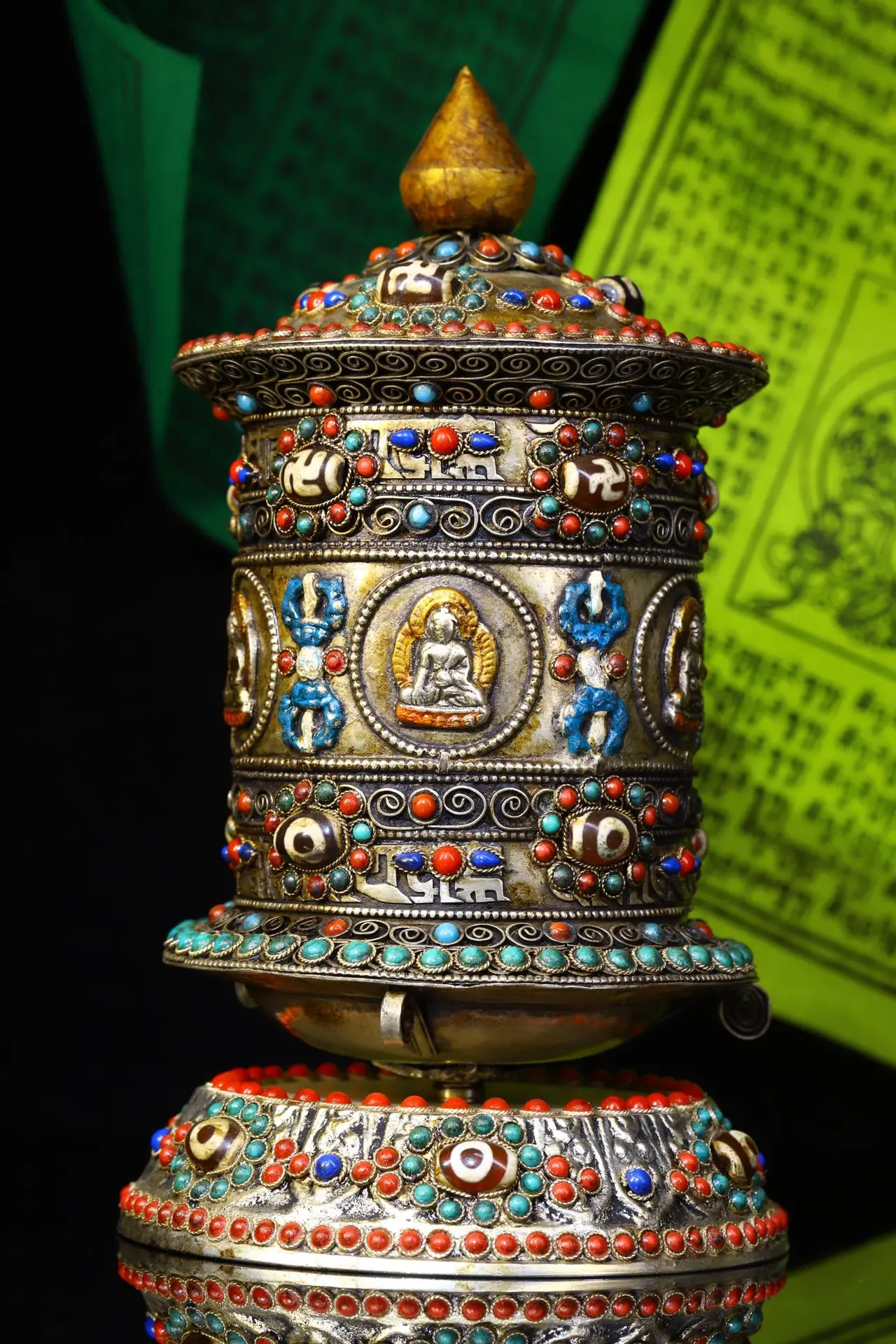 

9"Tibetan Temple Collection Old Bronze mosaic Gem Dzi Bead Shakyamuni Buddha Prayer wheel Buddhist artifact Town House Exorcism