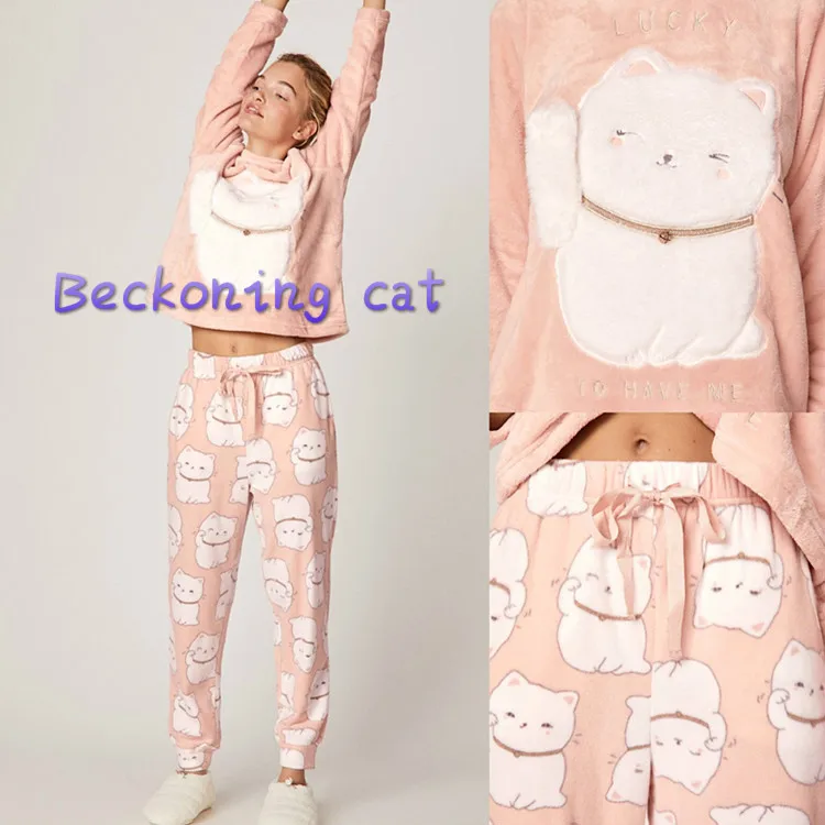 

Cartoon Pijamas Women Beckoning Cute Lucky Cat Thick Warm Flannel Pajamas Set 2021 New Winter Home Service