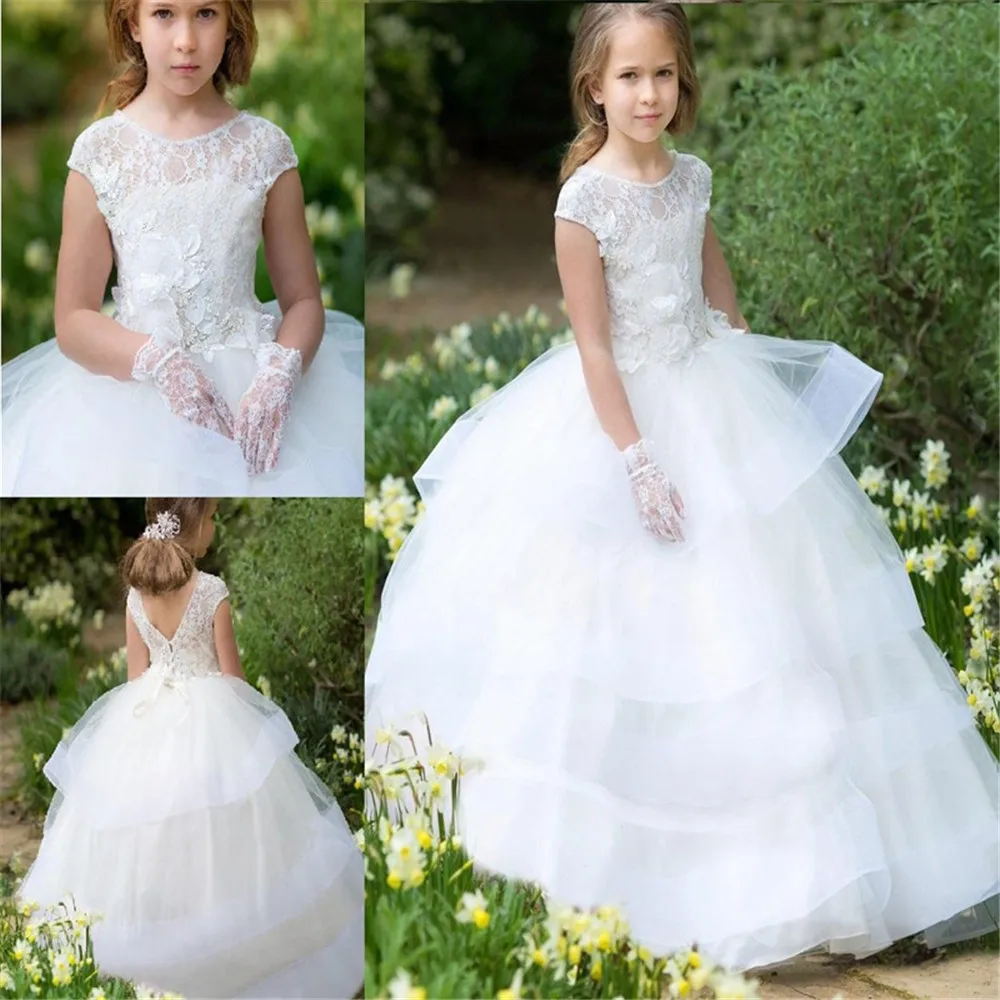 

First Communion Dresses For Girls Scoop Backless Appliques Flower Girls Dress Bows Tulle Ball Gown Pageant Dresses For Girls