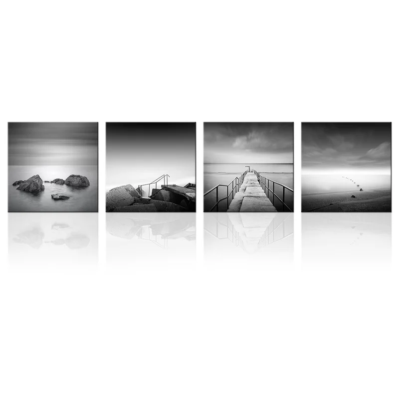 

4 Pieces Beach Landscape Poster Wall Decor Black and White Seascape Canvas Art Modern Style Picture Living Room Decor