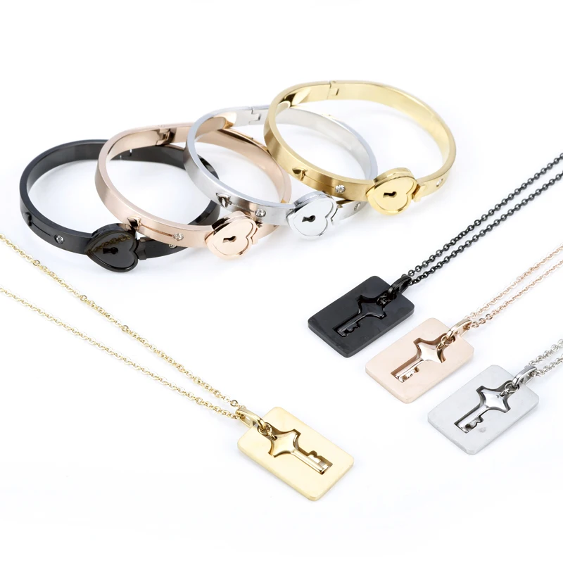 

Fashion Heart Lock Love Jewelry Sets with Lock Key Pendant Necklace Titanium Steel Heart Lock Bracelet Key Necklace for Couples