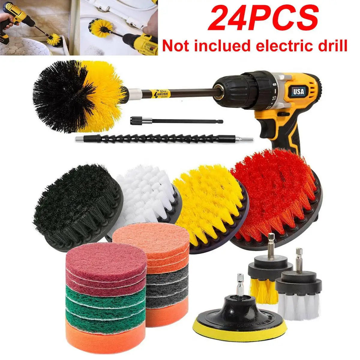 

24Pcs Drill Brush Attachment Set Power Scrubber Brush Car Polisher Bathroom Surface Grout Tile Tub Shower Auto Care Cleaning