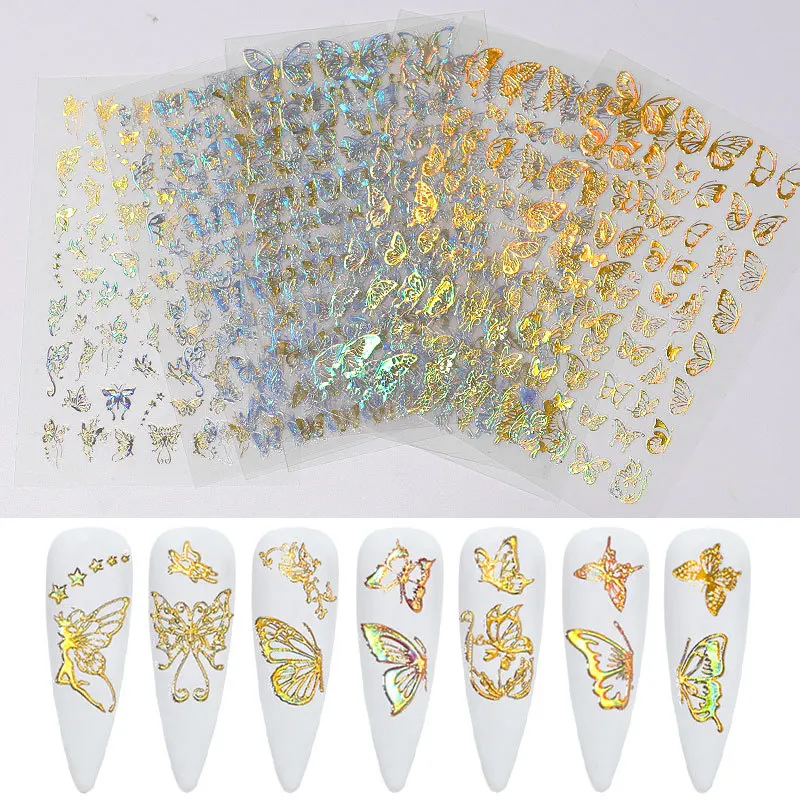 1 Pc 3D Butterfly Nail Art Stickers 7.5*12cm Adhesive Sliders Colorful Nail Transfer Decals Foils Wraps Nail Decorations Laser