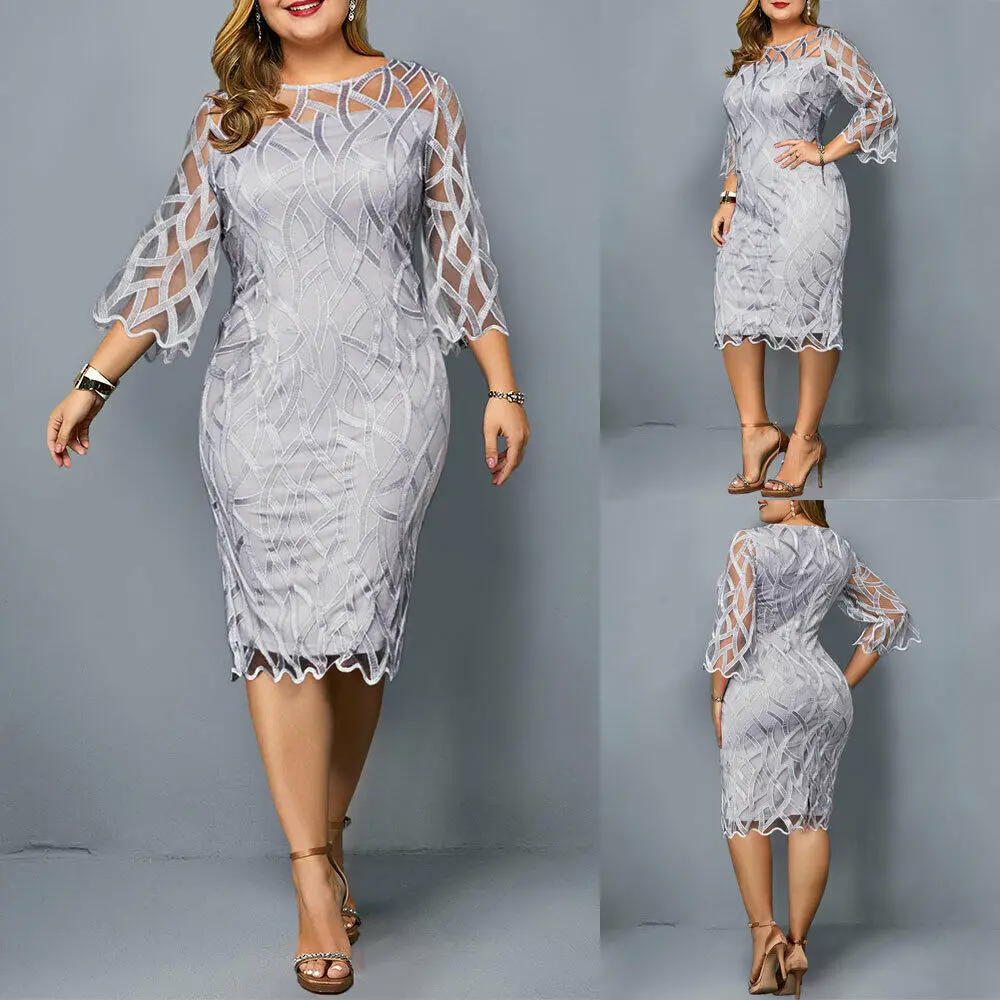 

6XL Elegant Women Dress Plus Size Transparent Seven Sleeve Party Dress Autumn Ladies Knee-Length Dress Fall Retro vestidos