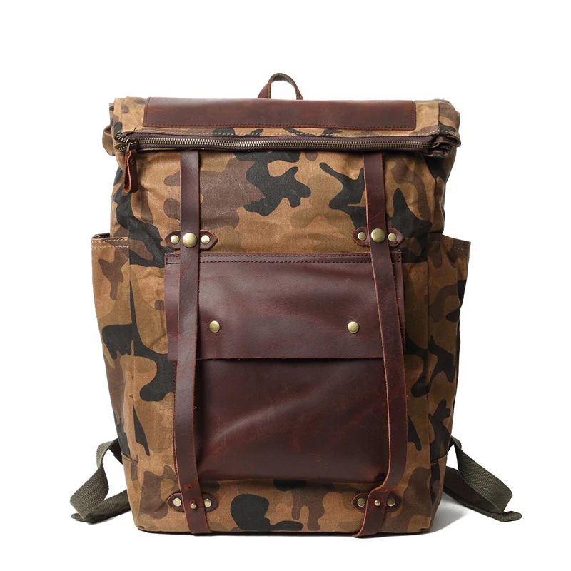 Waxed Canvas Camouflage Cackpack Mens Waterproof Hiking Camping Rucksack Leather Laptop Bag