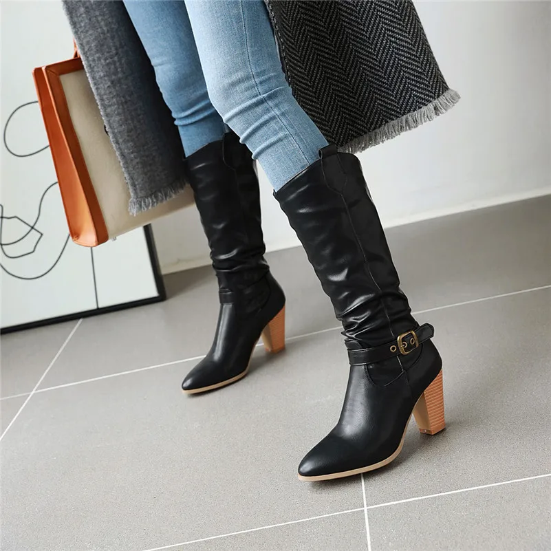 

ANNYMOLI Winter Knee High Boots Women Buckle Chunky High Heels Western Boots Pleated Pointed Toe Shoes Female Plus Size 34-46 10