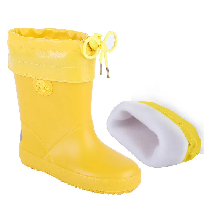 yellow add cotton Непромокаемые сапоги для девочек; Водонепроницаемая Обувь для маленьких мальчиков; нескользящие резиновые сапоги; теплые детские резиновые сапоги; всесезонные съемные - Цвет: yellow add cotton