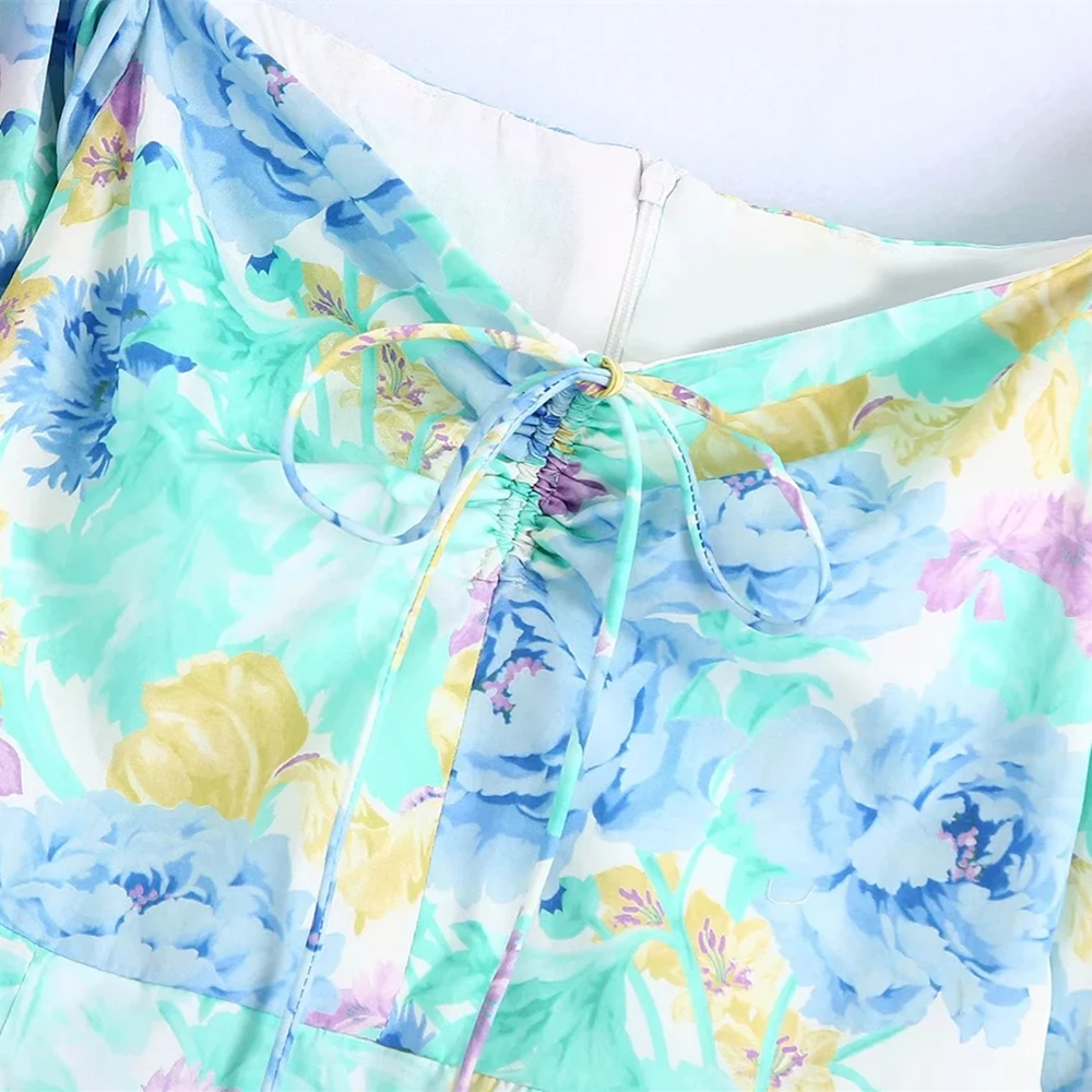 

Women Print Dress 2021 Summer Short Printed Puff Sleeve Mini Dress With A Neckline Fashion Casual Drawstring Female Dress