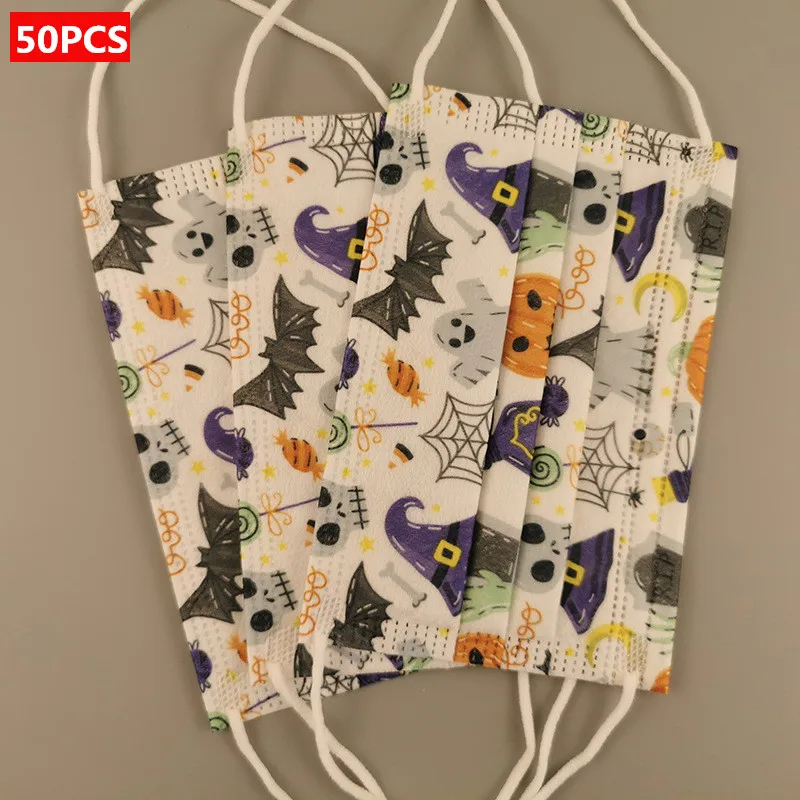 

50pcs Children Disposable Mask Bat Type Spunlace Printed 3-layer Mask Non-woven Protective Hanging Ear Mouth Dustproof Mask Kids
