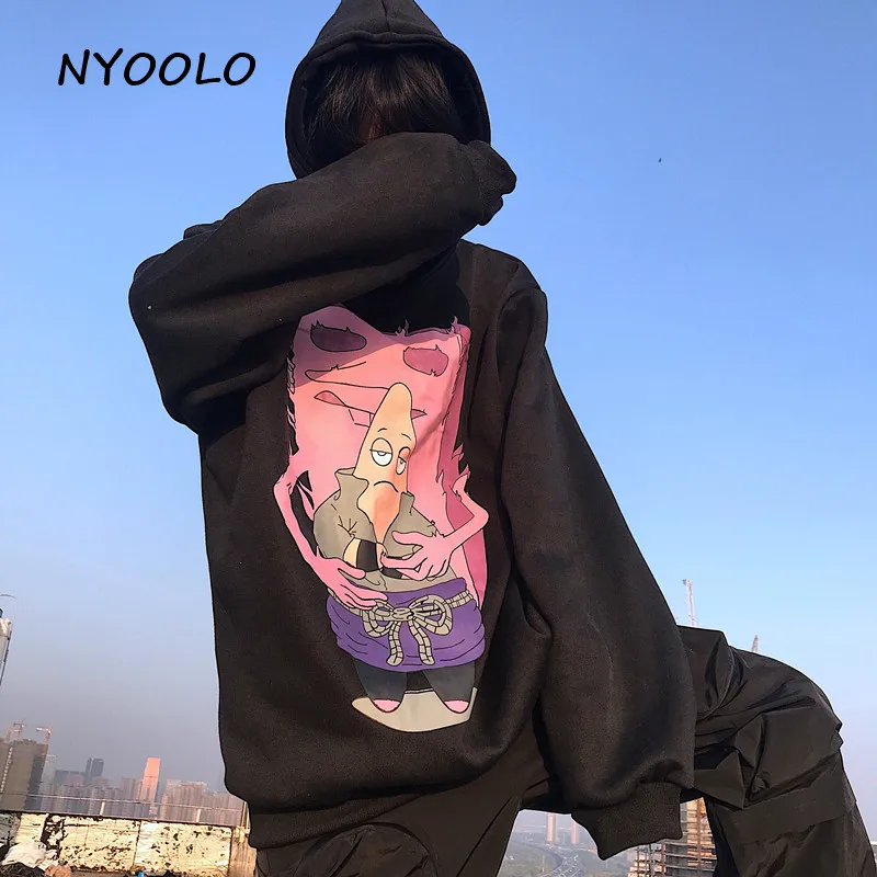 NYOOLO Harajuku street childlike мультфильм печати плюс бархат теплые толстовки Осень Зима Свободный пуловер толстовка с капюшоном для женщин мужчин