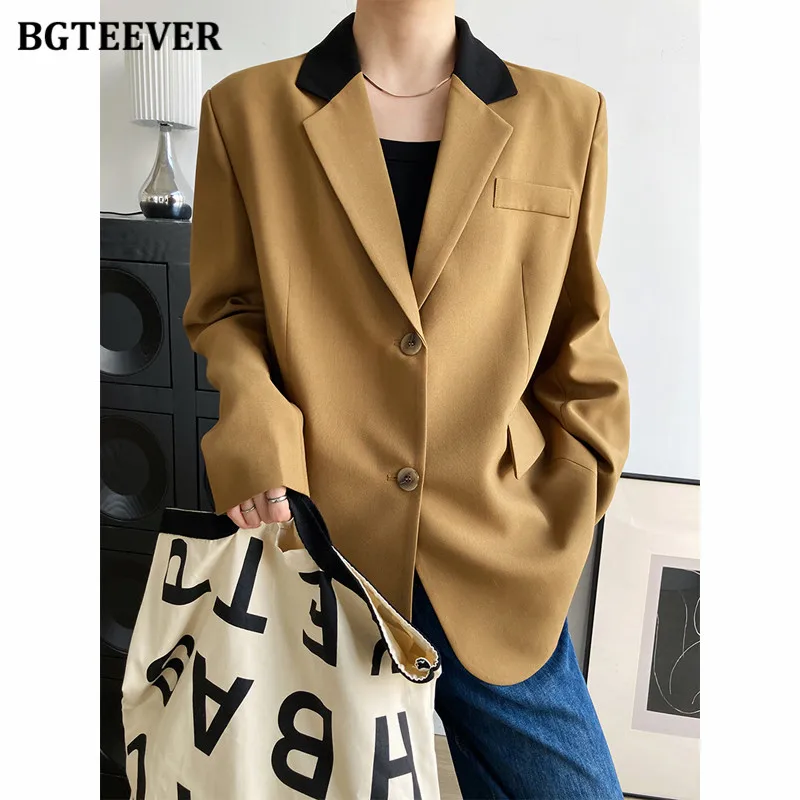 

BGTEEVER Stylish Patchwork Notched Collar Ladies Blazer Jackets Long Sleeve Pockets Back Split Loose Female Outwear 2021 Autumn