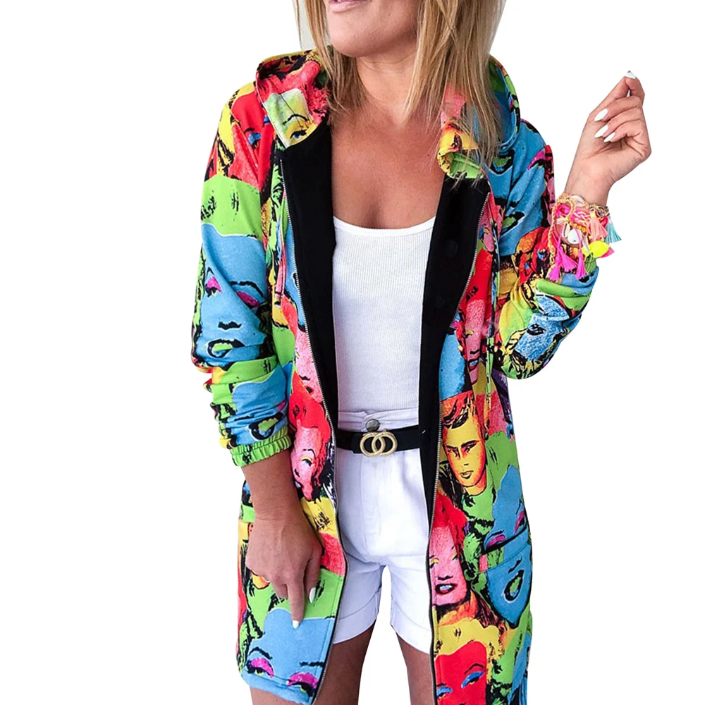 Женские осенние длинные куртки с объемным цветочным принтом длинным рукавом