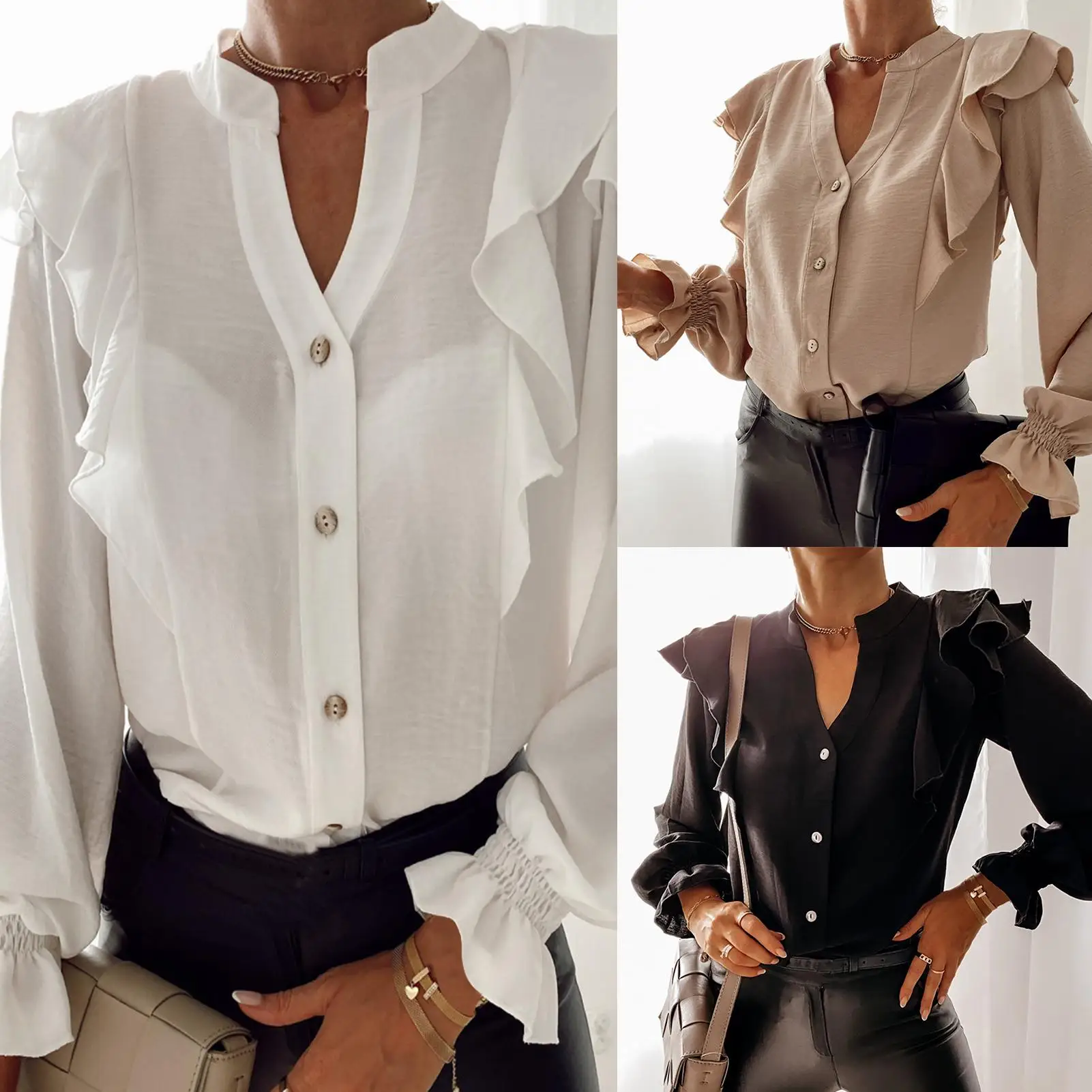 

Casual Women Autumn Solid Color Long Sleeve Blouse Ruffle Single-breasted Shirt