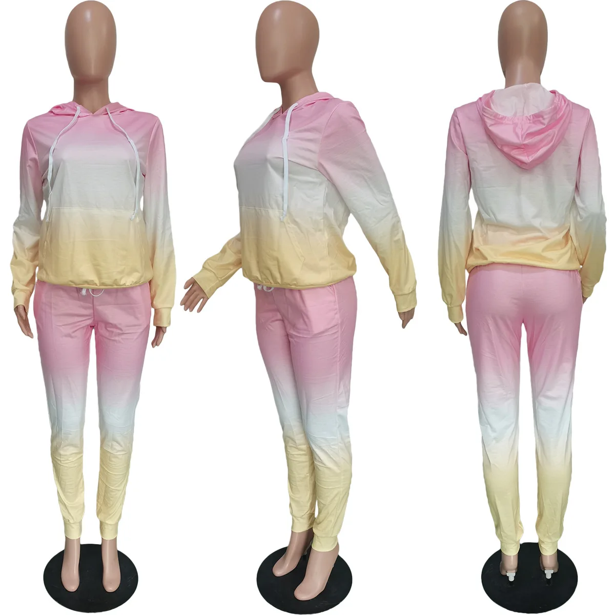 Hooded Gradient Tracksuit 2 Pieces Sportwear Sets with Pockets Women Long Sleeve Hoodie Sweatshirt and Drawsting Sweatpants 2021 |