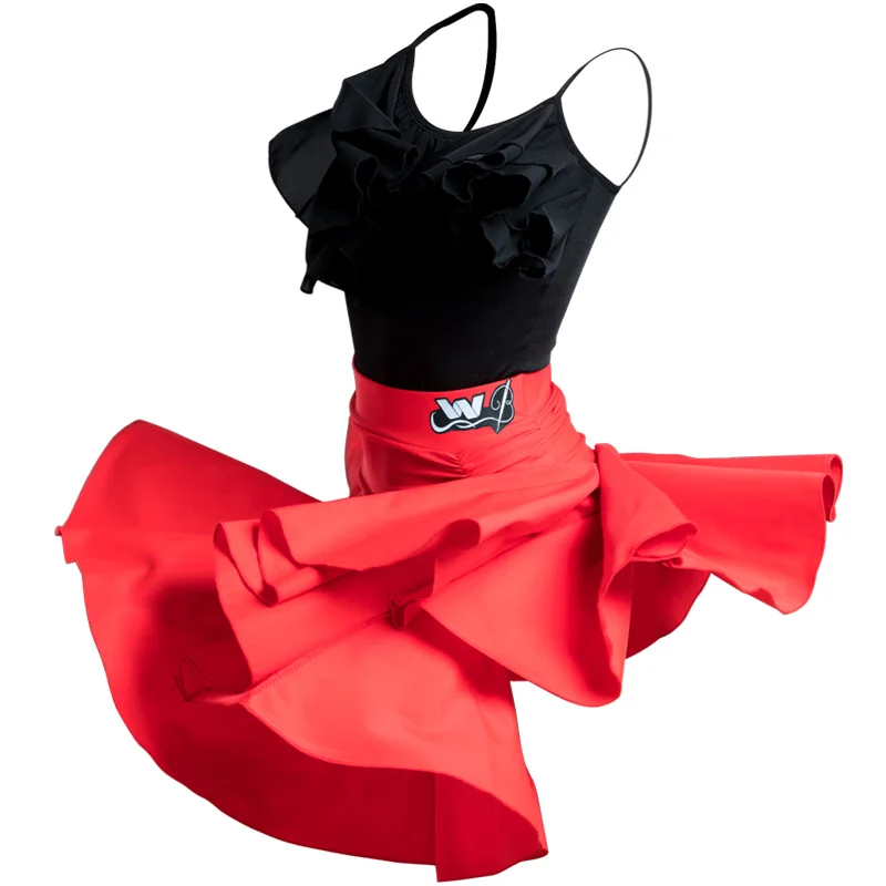 

Summer New Latin Dance Wear Girls Suspender Tops Black Ruffle Party Dancing Costume Kids Training Rumba Cha Cha Red Skirt
