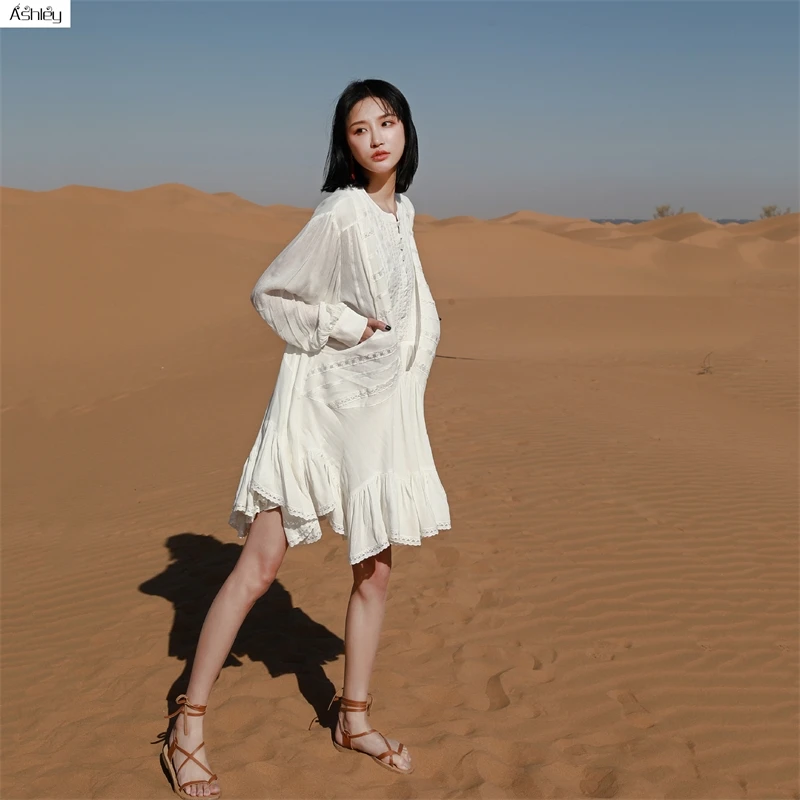 

Ashley Solid High Waist Long Sleeve Dress Cotton linen Holiday Style A-line Women Dress Spring Summer Female Short Dress