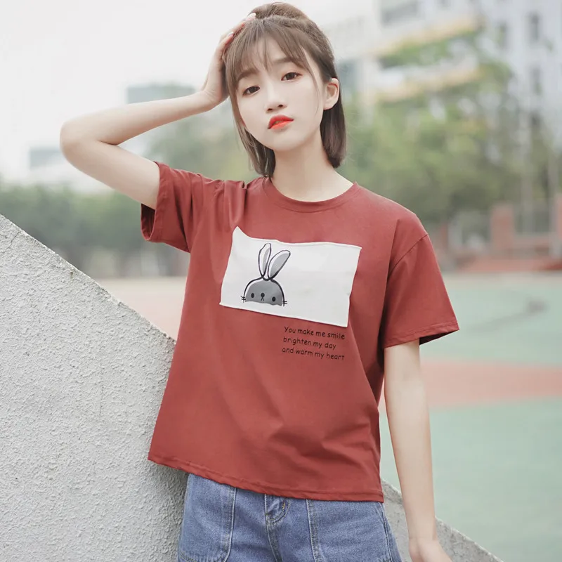 Шикарная хаки Новинка 2021 Милая футболка с коротким рукавом мультяшным принтом