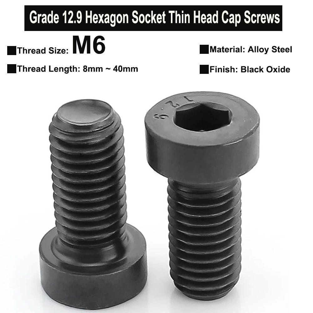 

5Pcs M6x8mm~40mm Grade 12.9 Alloy Steel Hexagon Socket Thin Head Cap Screws Black Oxide Plated DIN7984