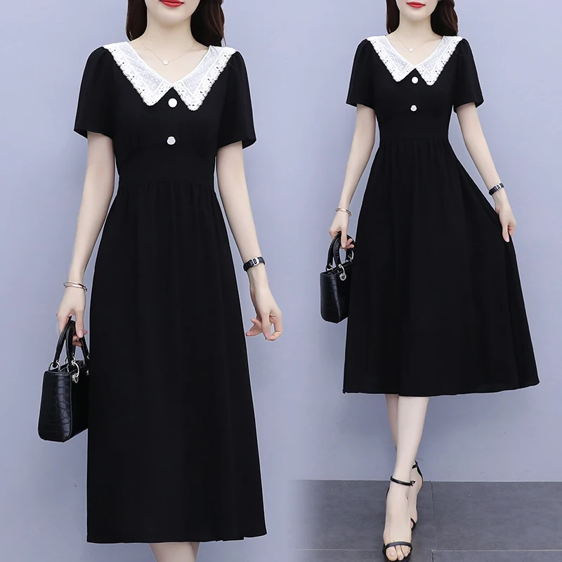 

Black Chiffon Short Sleeved Plus Size 5Xl Large Vintage Casual Robe Spring Summer Clothes Dress For Women'S 2021 Sukienka