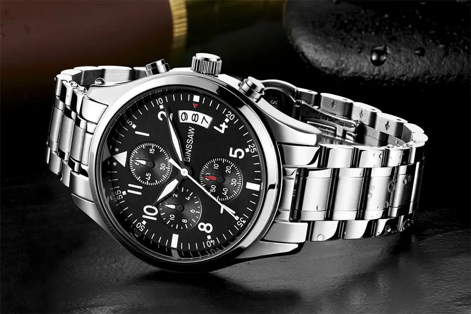 Часы BINSSAW Мужские кварцевые роскошные брендовые светящиеся водонепроницаемые в