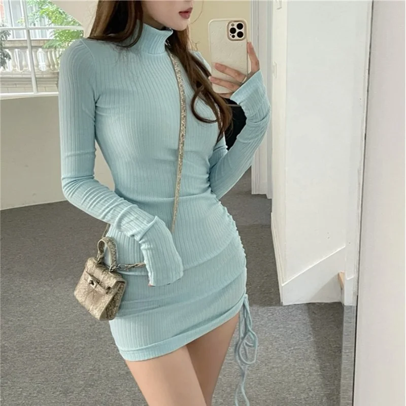 

2021 Women's Clothing Early autumn new Fashion dresses Korean style vintage sexy Drawstring High collar Long sleeve mini-dress