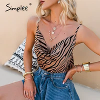 simplee sexy v neck sleeveless satin leopard shirt women summer backless casual top female fashion silk ladies camis tank top