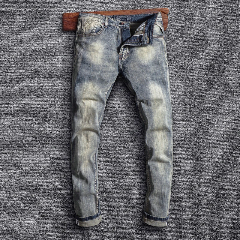 

Italian Style Fashion Men Jeans Distressed Wash Retro Yellow Blue Elastic Slim Fit Ripped Jeans Men Vintage Designer Denim Pants