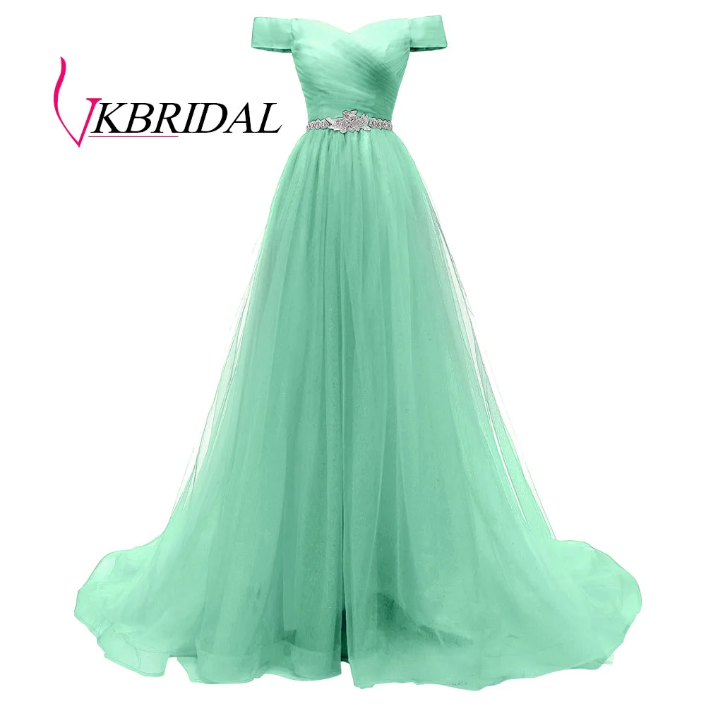 mint green VKBRIDAL, Красное длинное вечернее платье с открытыми плечами и поясом, расшитое бисером, винтажные платья для выпускного вечера, vestido de festa, недорогое вечернее платье со шнуровкой на спине - Цвет: mint green