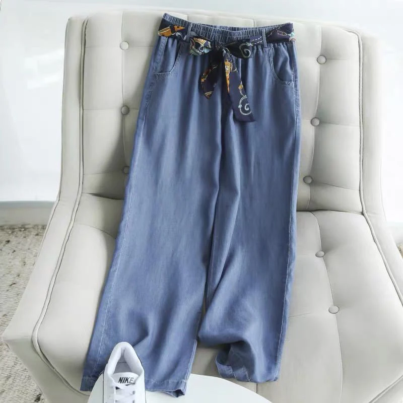 

2020 Summer New Korea Fashion Women Elastic Waist Loose Tencel Denim Pants All-matched Casual Wide Leg Pants Female Jeans S912