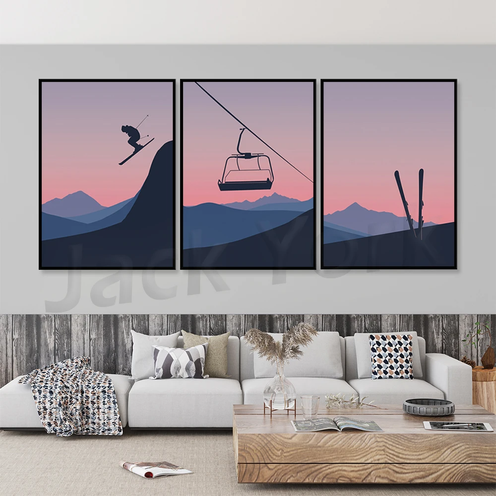 

Skiing Print -Ski Lifts Wall Art Print - Winter Skiing Mountains Sunset Poster