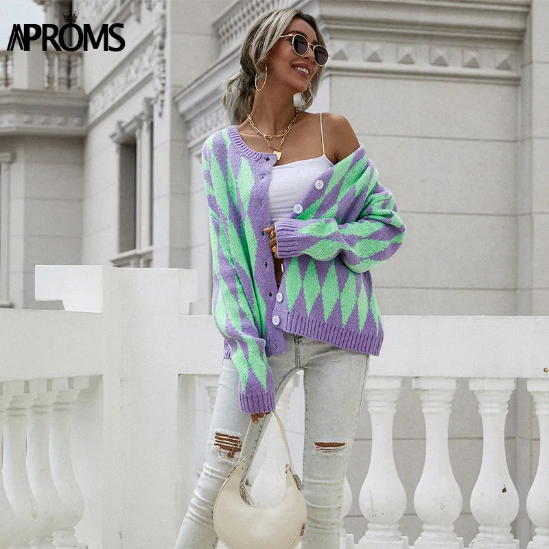 

Aproms Vintage Green Purple Plaid Knitted Cardigan Women Winter Oversized Soft Sweater Female High Fashion Outerwear 2021