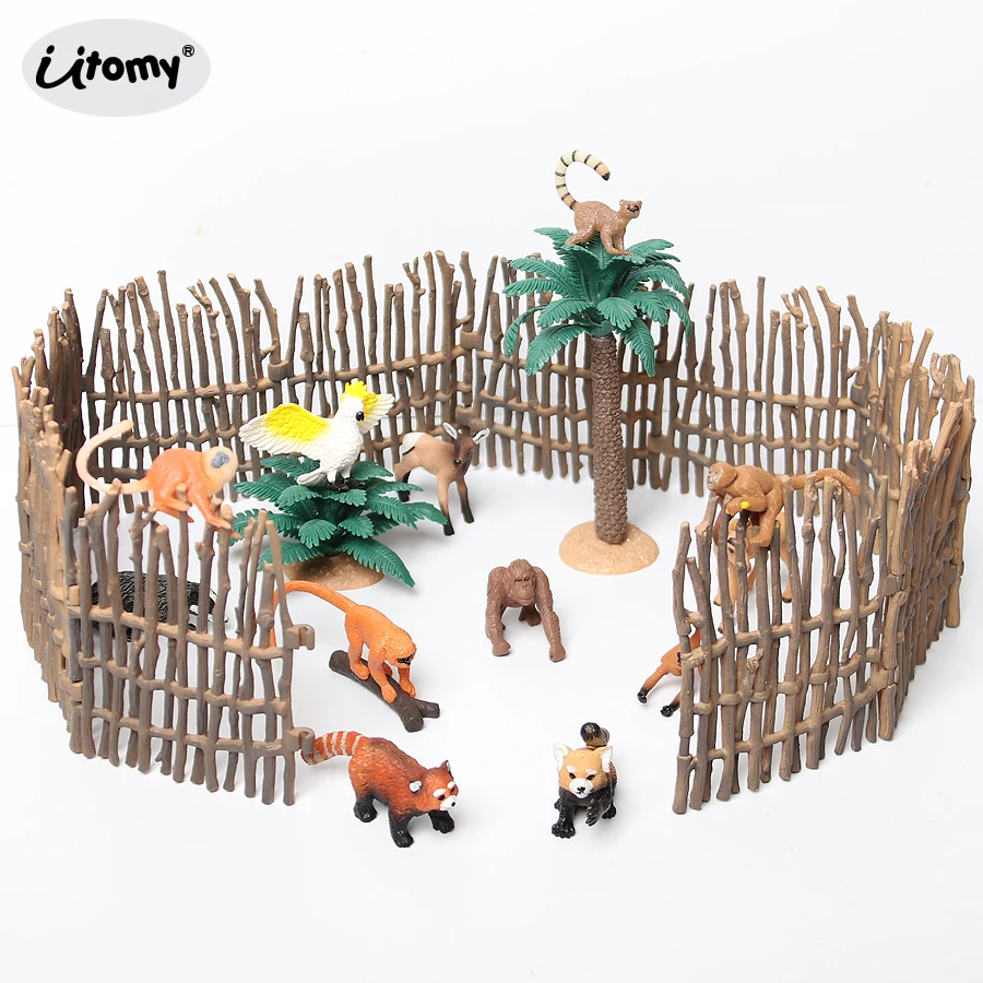 Реалистичная разноцветная мини птица фигурка обезьяны с забором модель дерева