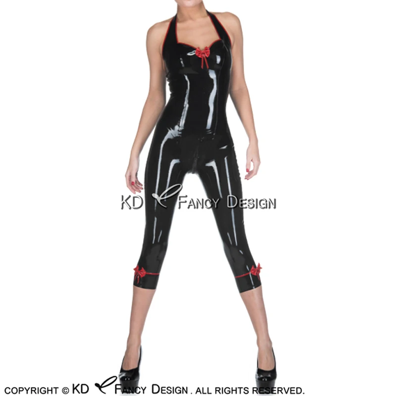 

Black And Red Halter Sexy Latex Catsuit With Bows Decoration Front Zipper Rubber Bodysuit Zentai Overall Body Suit LTY-0227