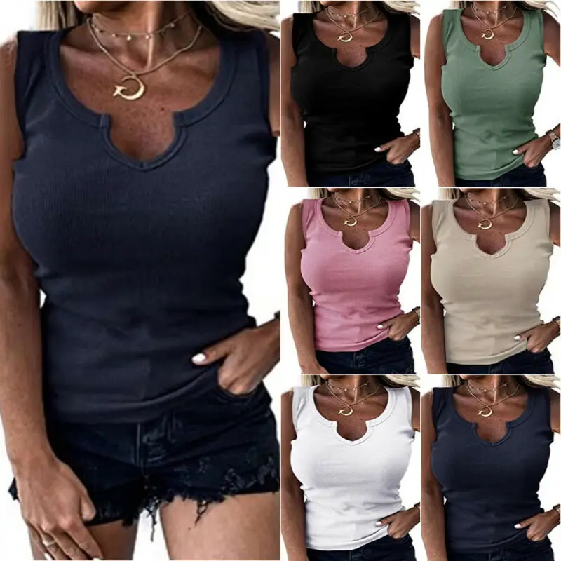 

Ribbed Stretchy Vest Top Strap s Cami Summer 2021 V-neck Solid Color Tank Tops Fashion Daily Wear Women Sleeveless